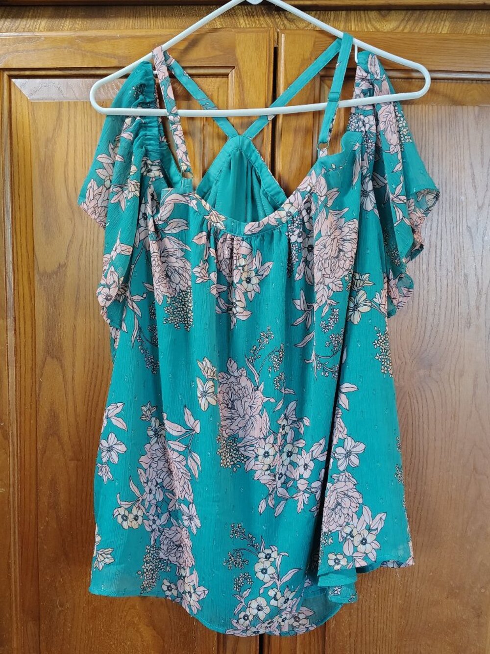 Torrid Women’s Cold Shoulder Chiffon Green Floral Top Blouse Shirt Plus Size 2X